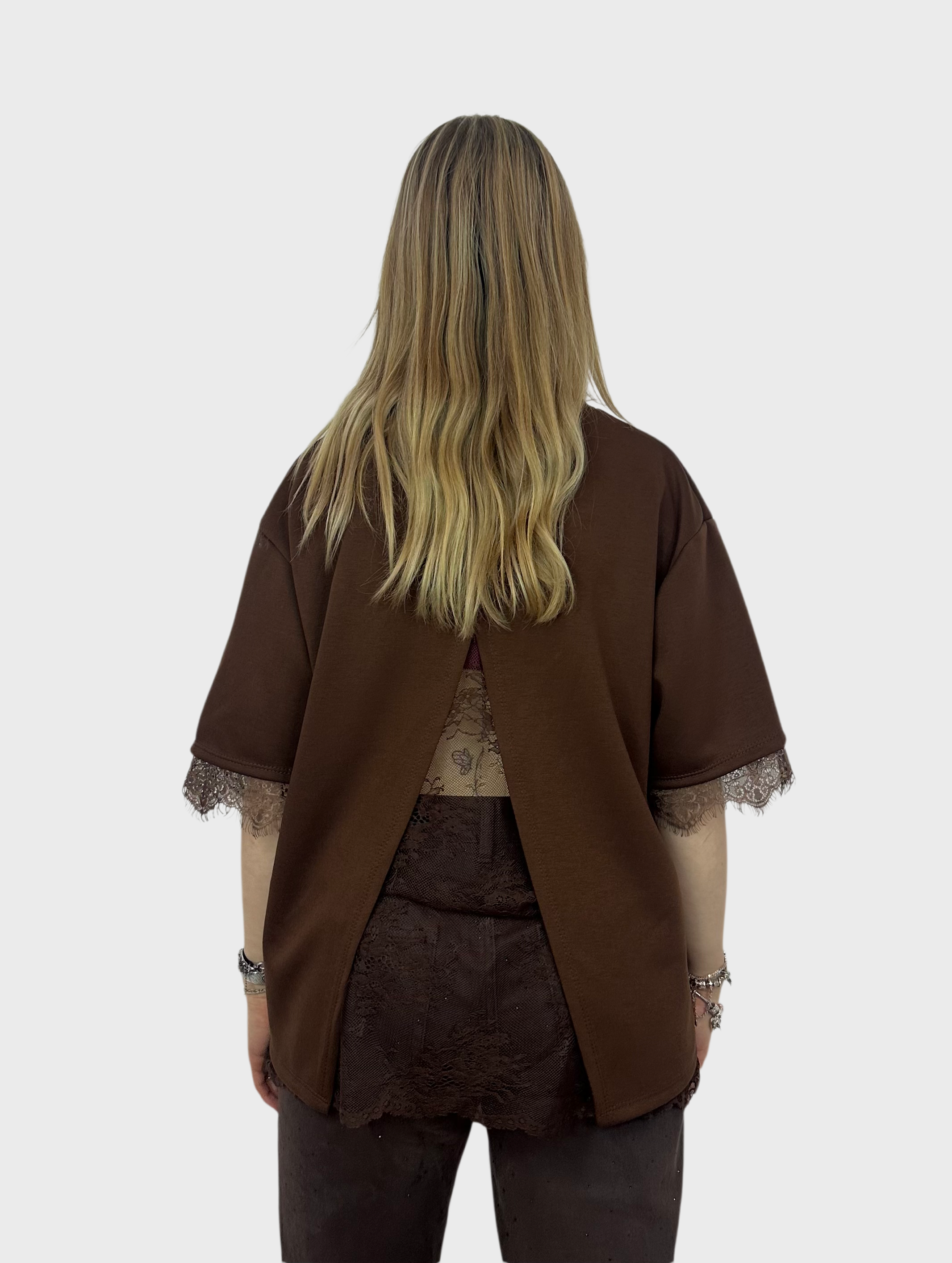 T-Shirt met Kanten Rug - Bruin