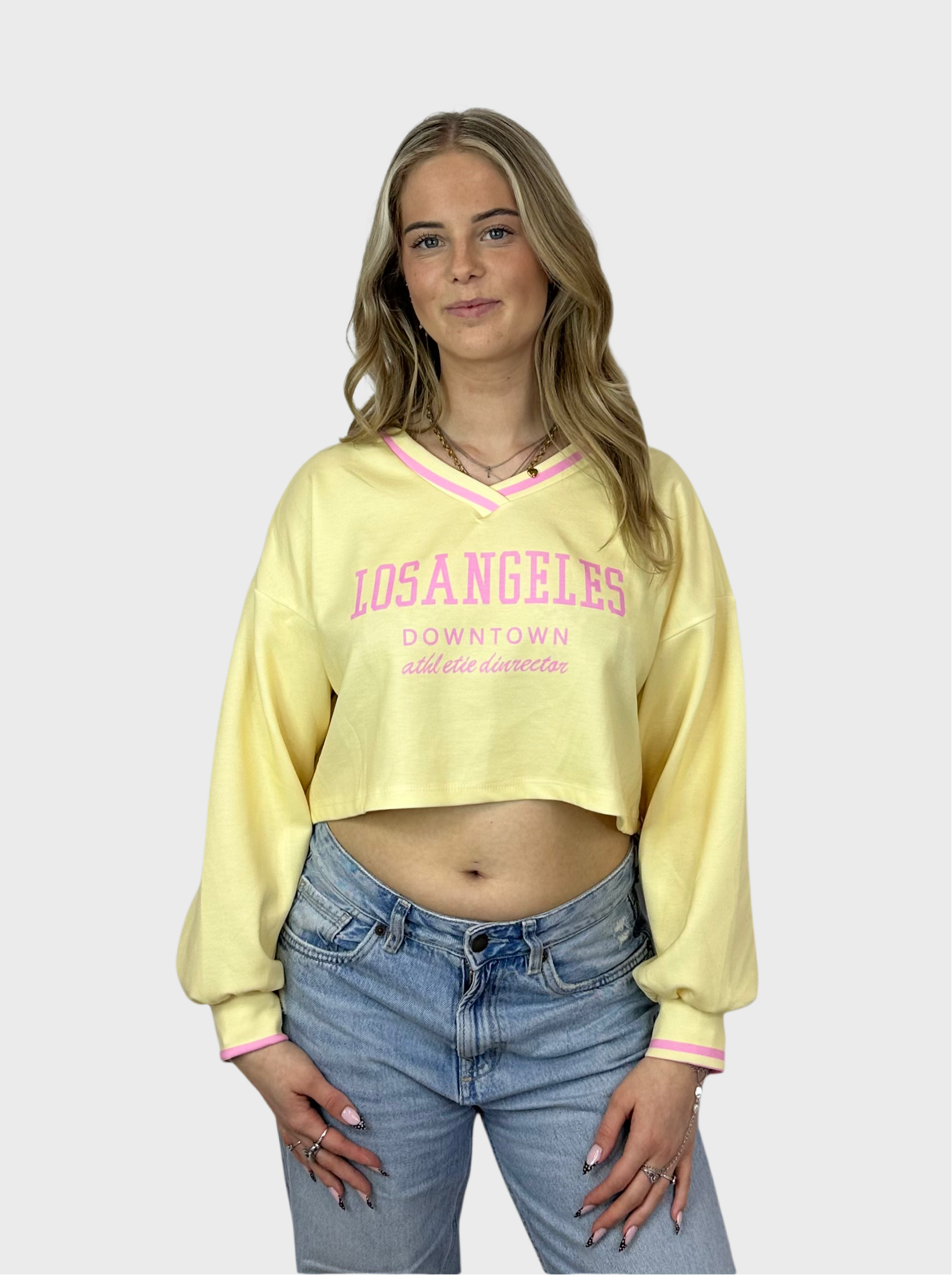Los Angeles Crop Top - Butter Yellow met Roze