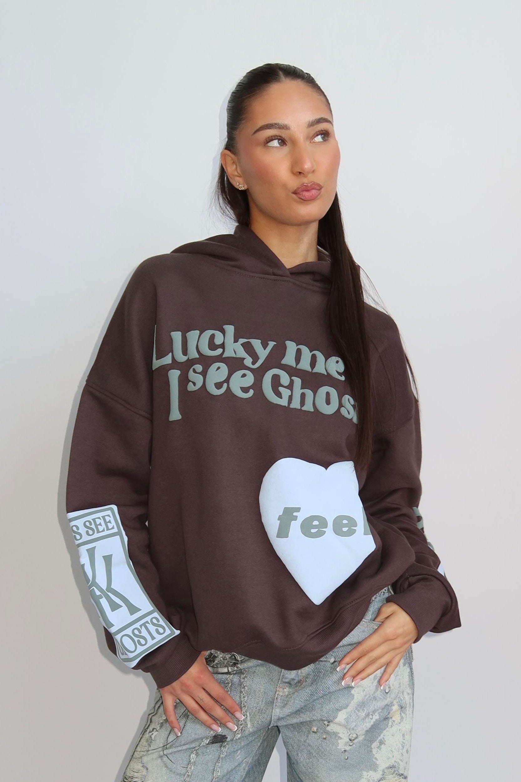 Lucky Me Hoodie - Donker Grijs met Licht Blauw