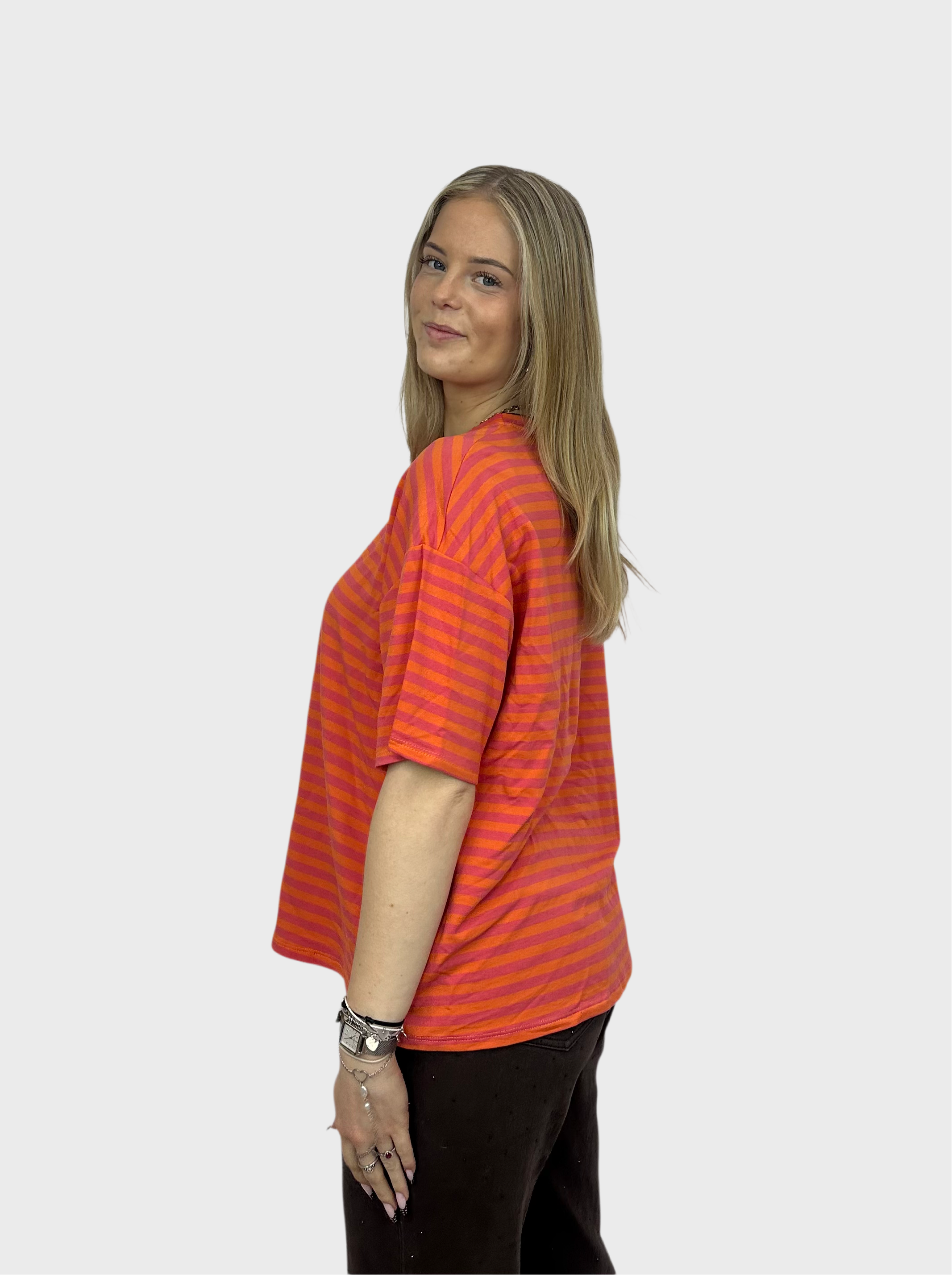 Gestreepte T-Shirt - Oranje met Roze