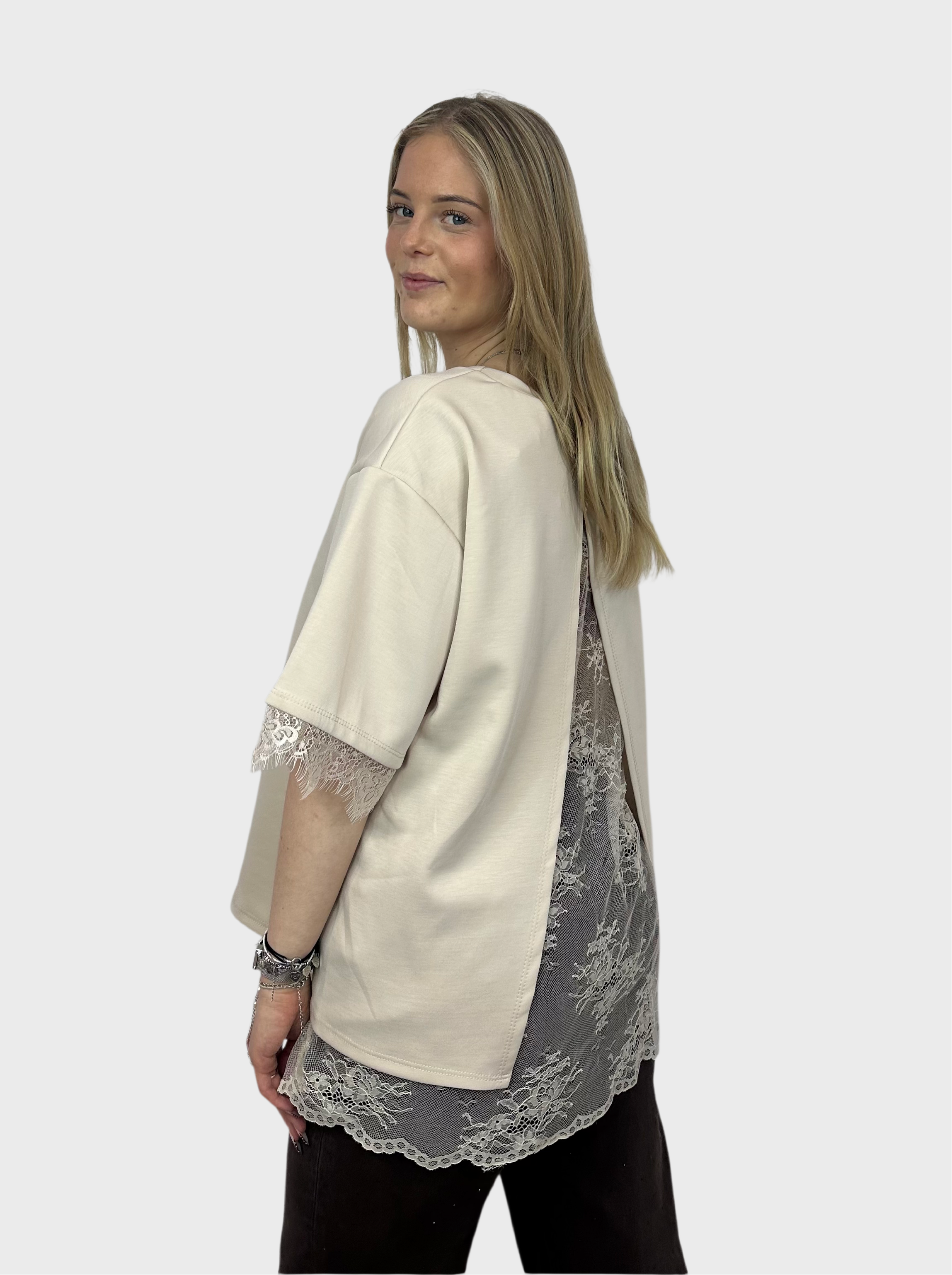 T-Shirt met Kanten Rug - Beige