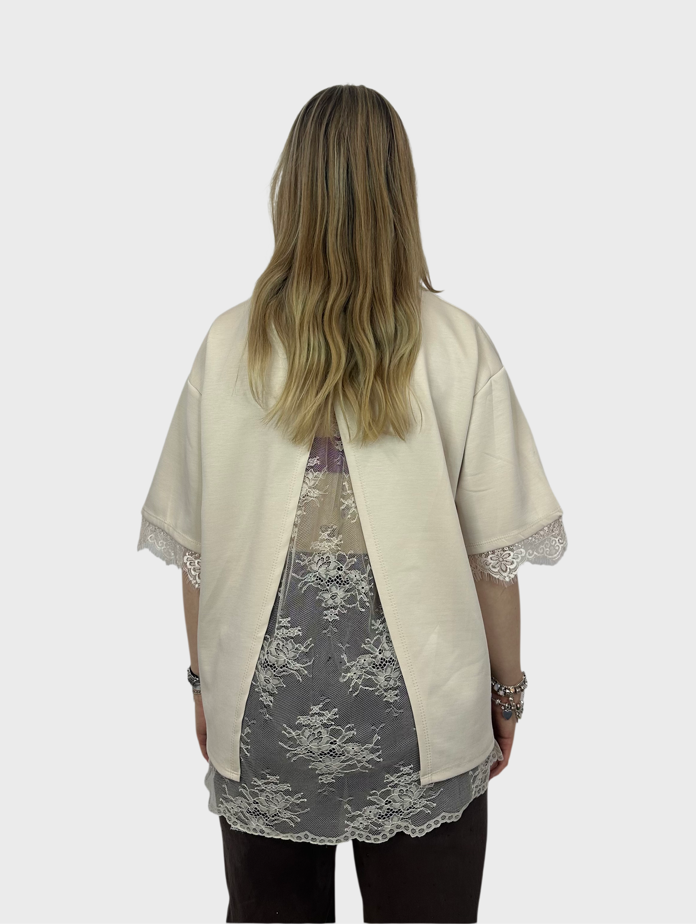 T-Shirt met Kanten Rug - Beige