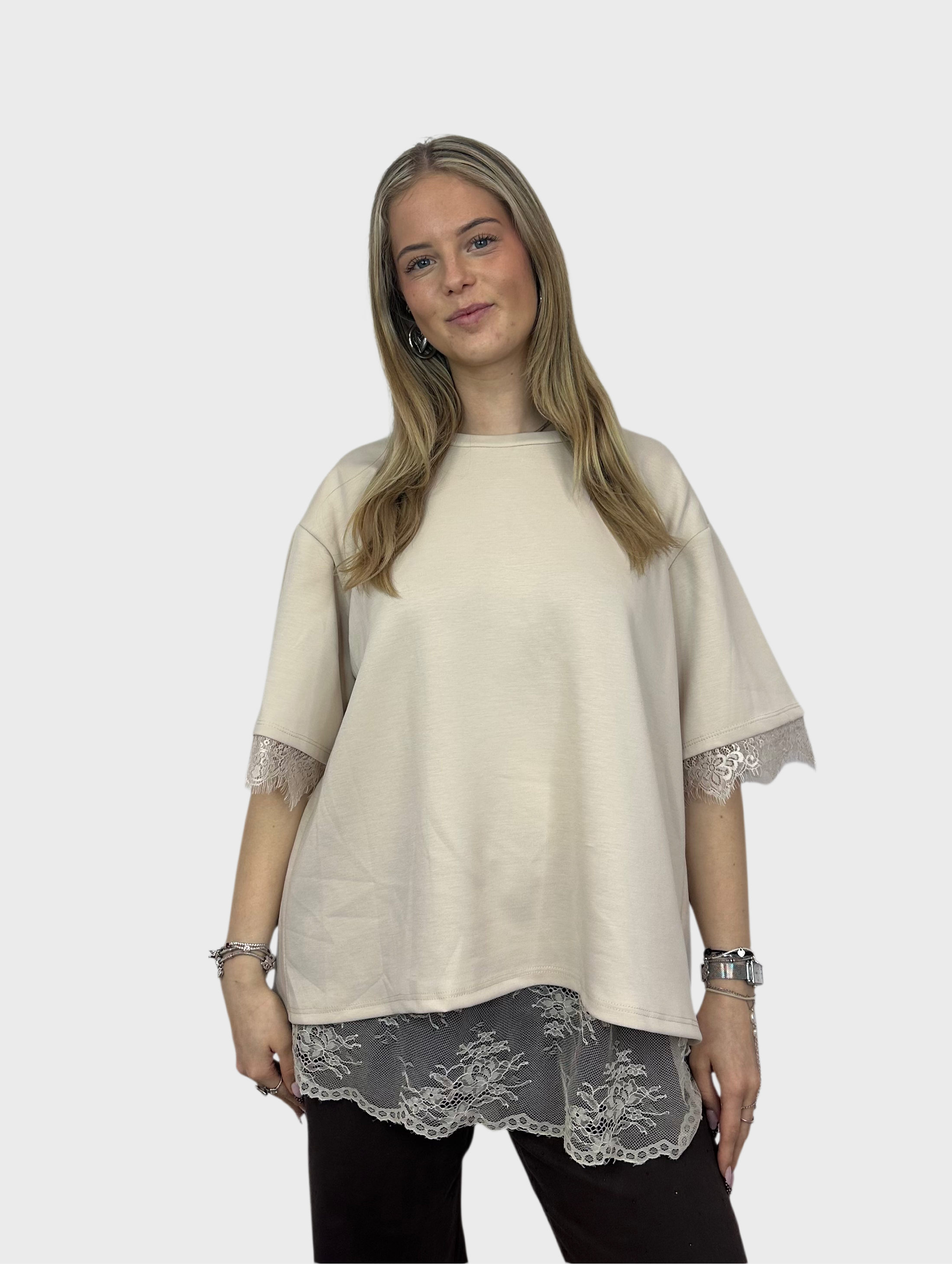 T-Shirt met Kanten Rug - Beige