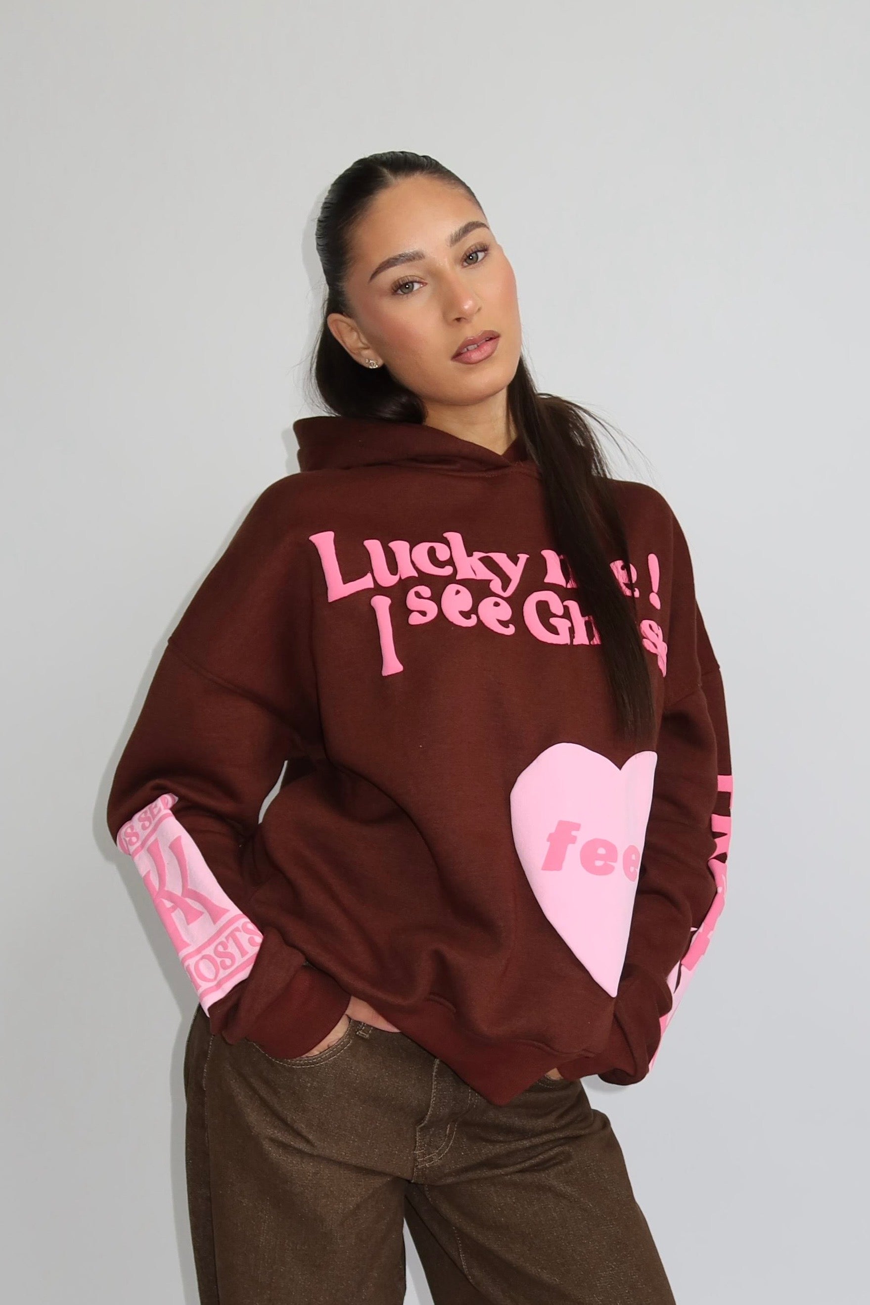 Lucky Me Hoodie - Bruin met Roze
