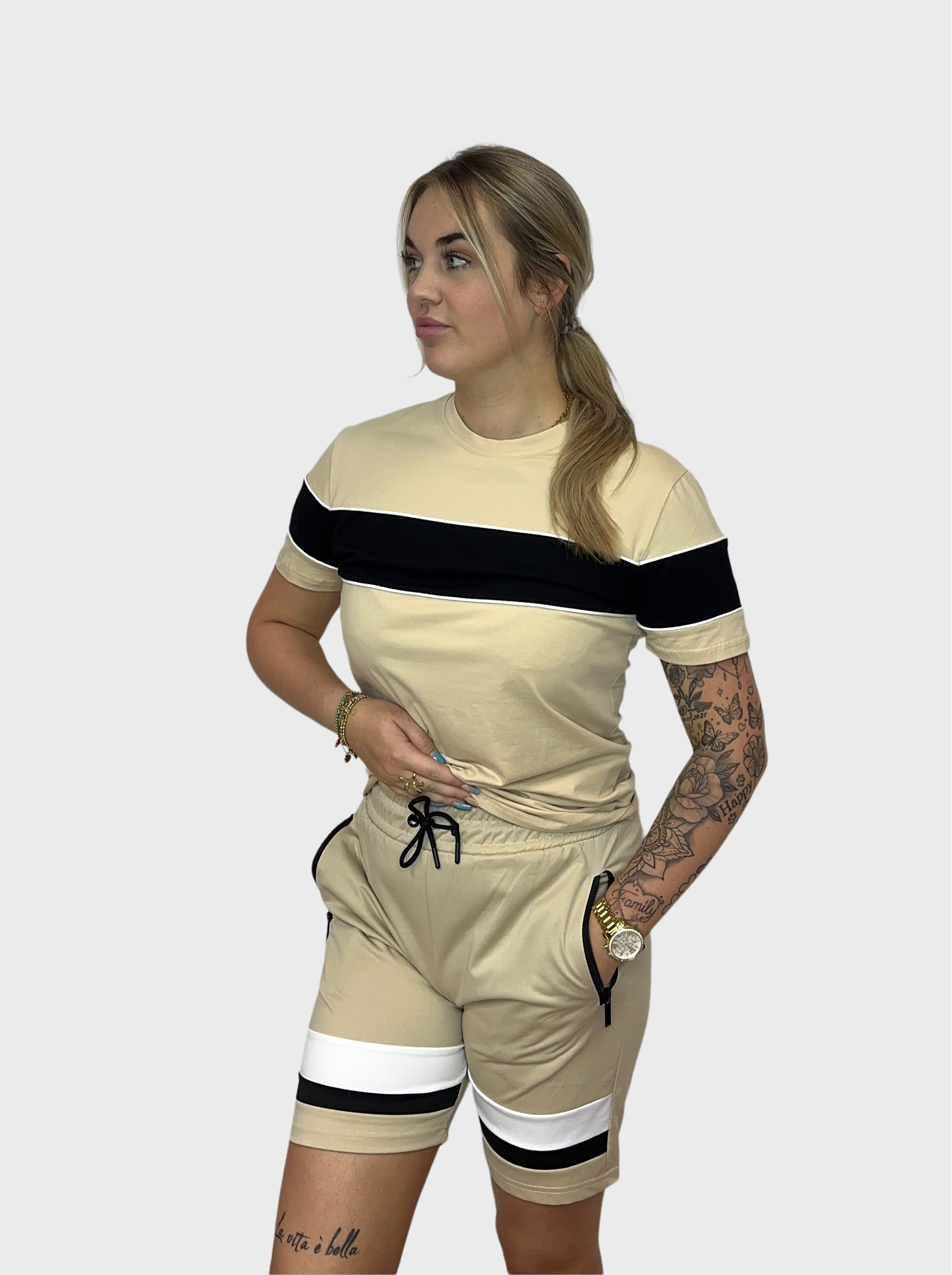 Stripe Short Trainingspak - Beige