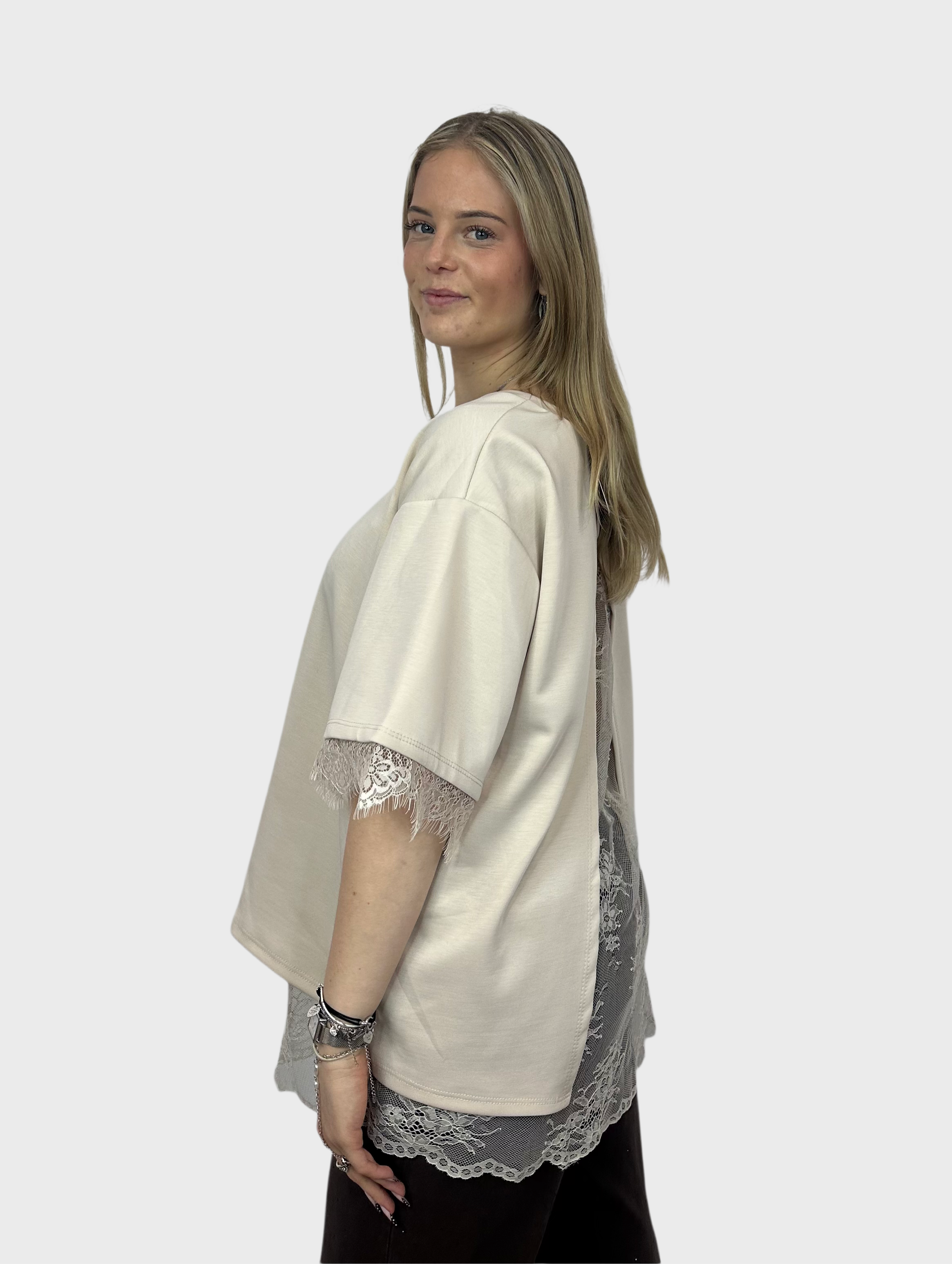 T-Shirt met Kanten Rug - Beige