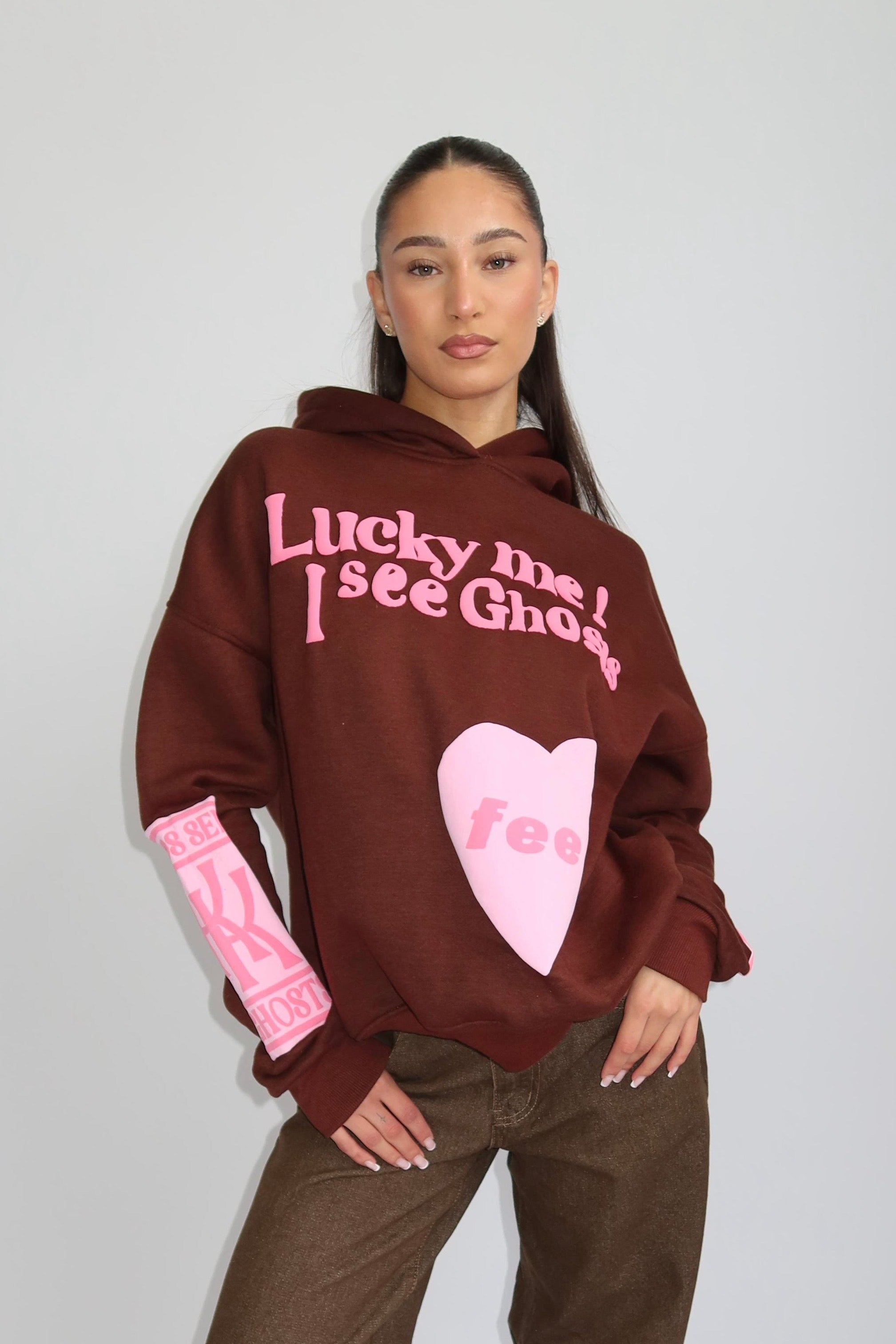 Lucky Me Hoodie - Bruin met Roze